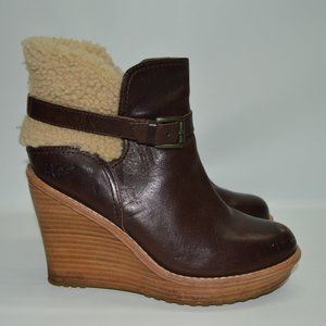 UGG Women’s 6.5 ANAIS MAHOGANY Leather Wedge Boots